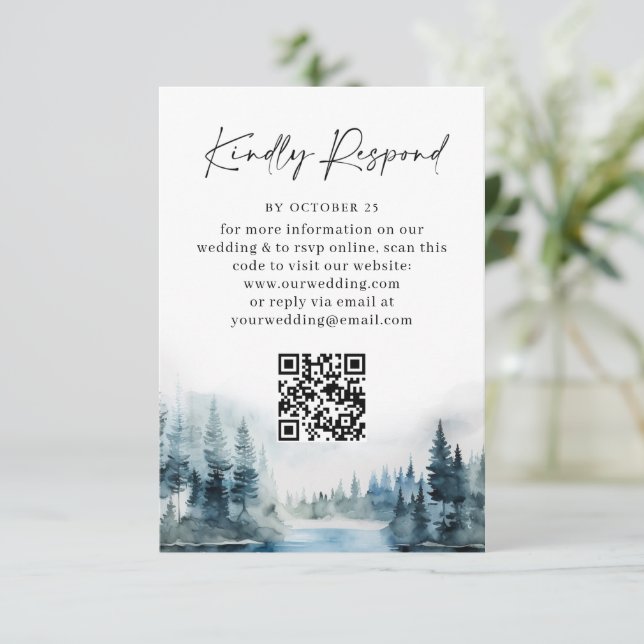 Cartão RSVP Código QR de Casamento de Floresta de Aquarela Ele (Em pé/Frente)