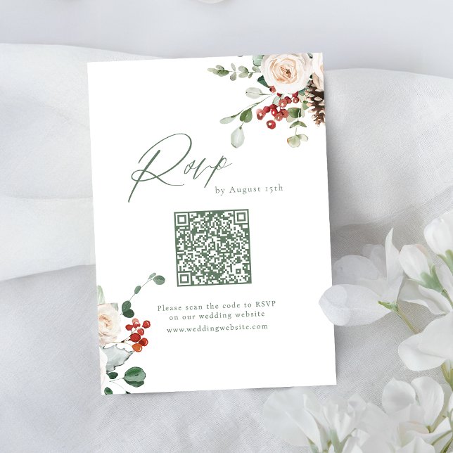 Cartão RSVP Código QR de casamento de inverno com flores festi (Festive Floral Holiday Winter Wedding QR code RSVP Card)