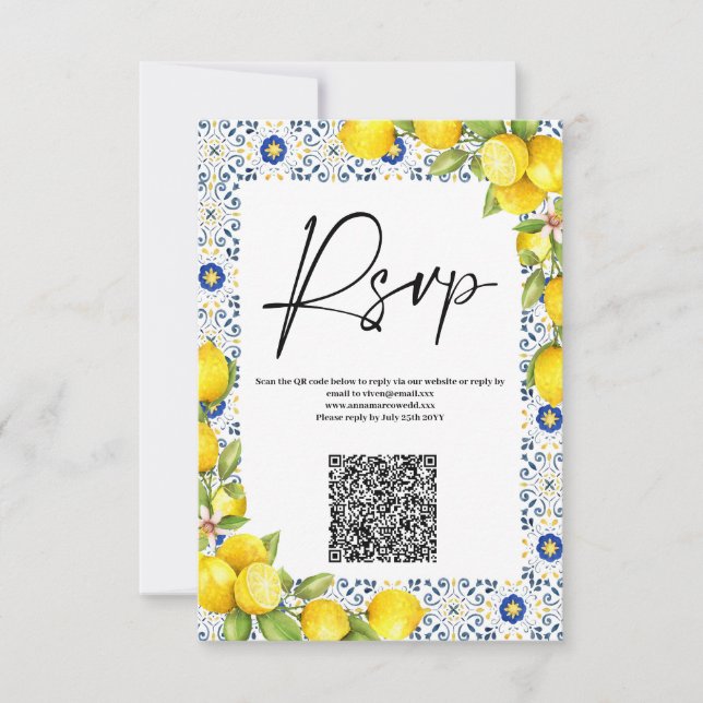 Cartão RSVP Código QR de Casamento de Limão e Azulejos do Medi (Frente)