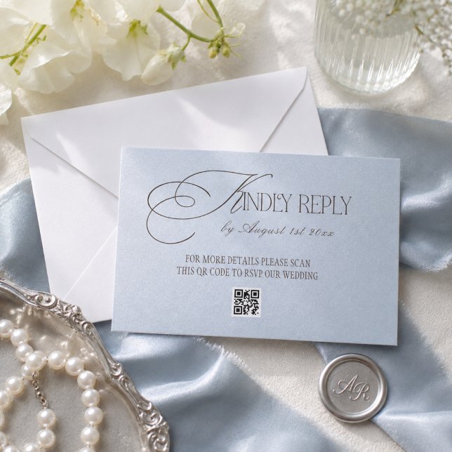 Cartão RSVP Código QR de Casamento de Luxo Azul Marrom (Criador carregado)