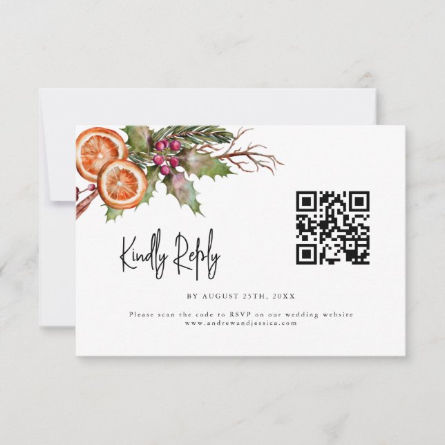 Cartão RSVP Código QR de Casamento de Natal Russo (Frente)