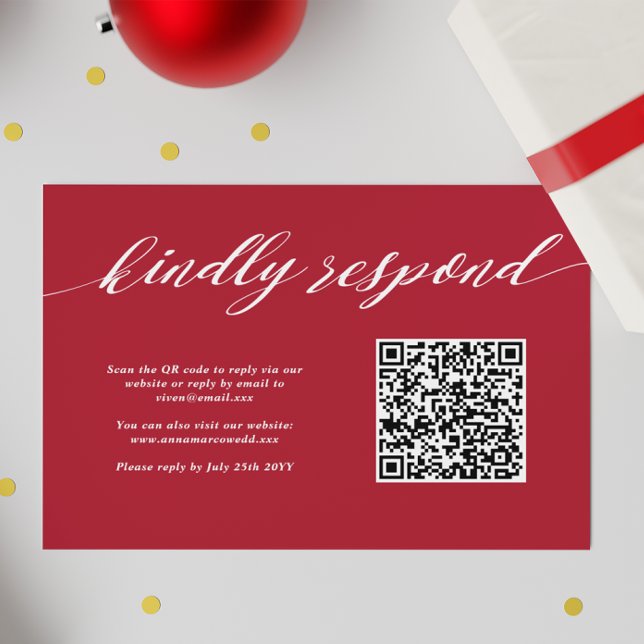 Cartão RSVP Código QR de Casamento de Natal Vermelho (Criador carregado)