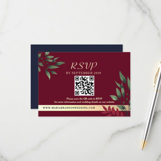 Cartão RSVP Código QR de casamento de outono em Borgonha (Frente/Verso In Situ)
