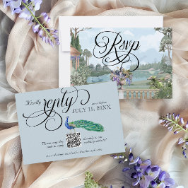 Cartão RSVP Código QR de Casamento de Peacock da Regência Eleg