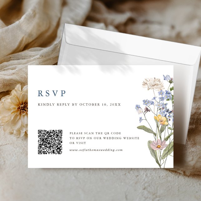 Cartão RSVP Código QR de Casamento de Prado de Primavera selva (Colorful Spring Wildflower Meadow Wedding QR Code RSVP Card)