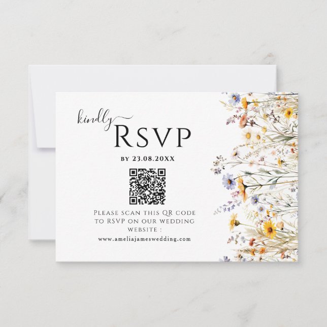 Cartão RSVP Código QR de Casamento de primavera de Flores Selv (Frente)