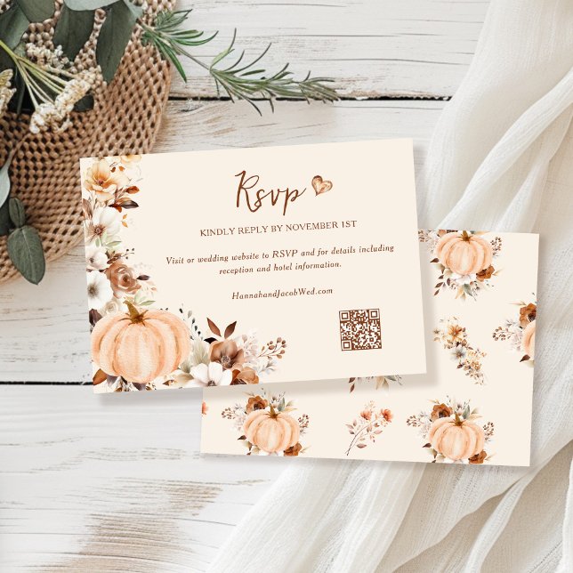 Cartão RSVP Código QR de Casamento de Pumpkin Floral (Criador carregado)