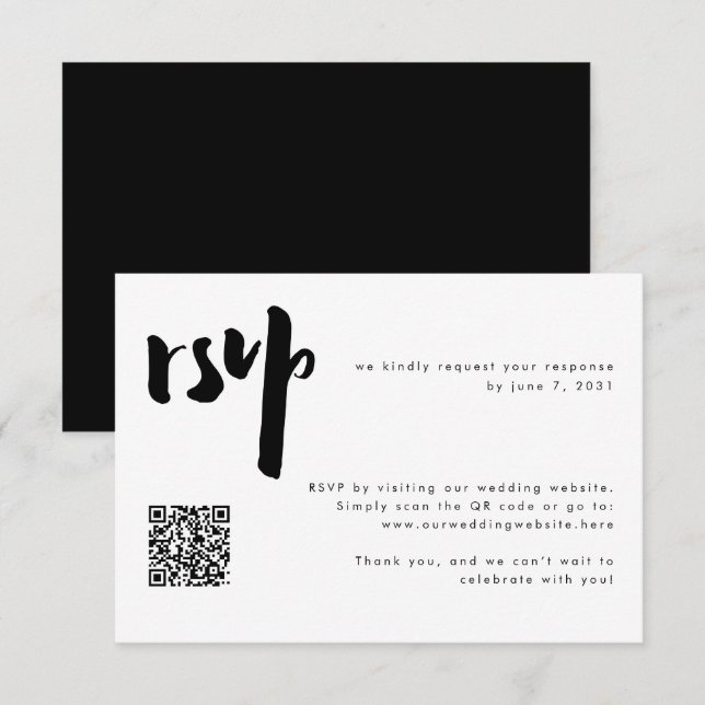 Cartão RSVP Código QR de Casamento de Script de Pincel Preto M (Frente/Verso)