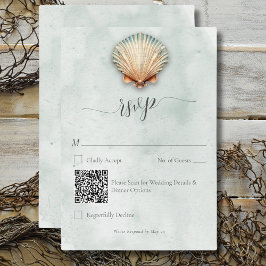 Cartão RSVP Código QR de Casamento de Seashell Aqua Coastal Mo