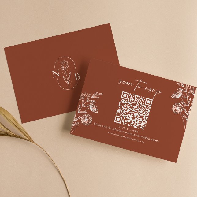 Cartão RSVP Código QR de Casamento de Terracotta Floral Minima (Criador carregado)