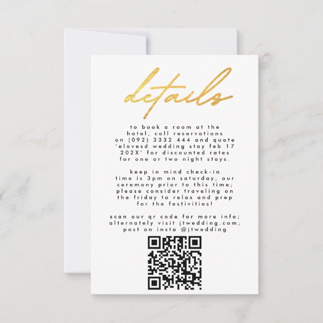 Cartão RSVP CÓDIGO QR de Casamento de Texto Dourado e Branco S (Frente)