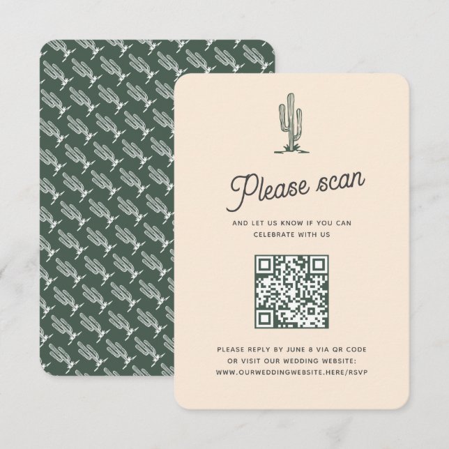 Cartão RSVP Código QR de Casamento do Deserto do Saguaro Verde (Frente/Verso)