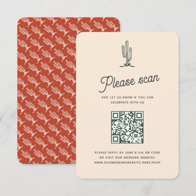 Cartão RSVP Código QR de Casamento do Deserto do Saguaro Verme (Frente/Verso)