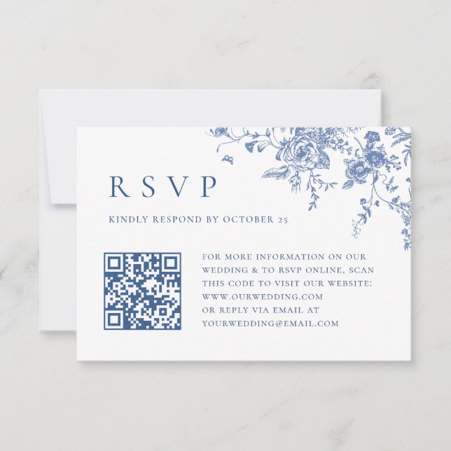 Cartão RSVP Código QR de Casamento do Jardim Francês Azul Simp (Frente)