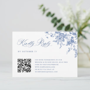 Cartão RSVP Código QR de Casamento do Jardim Francês Azul Simp