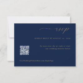 Cartão RSVP Código QR de Casamento Dourado Azul de Marinho Rom