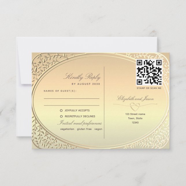 Cartão RSVP Código QR de Casamento Dourado com dupla função (Frente)