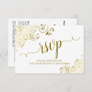Cartão RSVP Código QR de Casamento Dourado Elegante e Caligraf