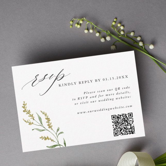 Cartão RSVP Código QR de Casamento Elegante de Flor Selvagem (Criador carregado)