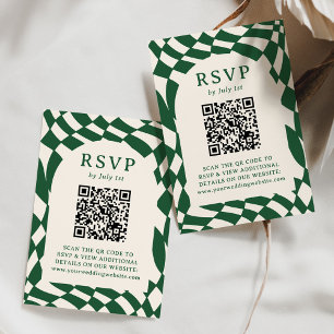 Cartão RSVP Código QR de casamento em xadrez verde retrô