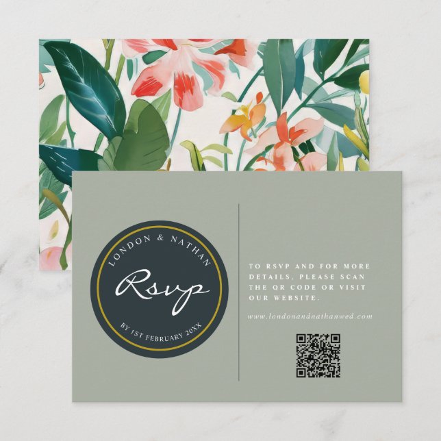 Cartão RSVP Código QR de Casamento Flamental Botânico Vibrante (Frente/Verso)
