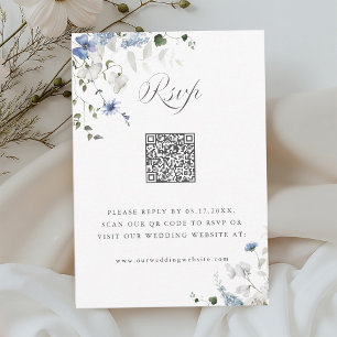 Cartão RSVP Código QR de Casamento Floral Azul Branco Verde em