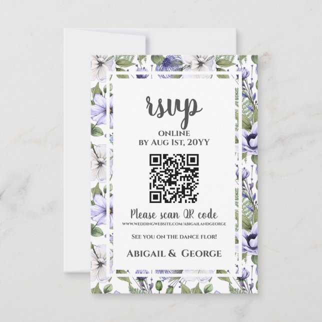Cartão RSVP Código QR de Casamento Floral Branco do Periwinkle (Frente)