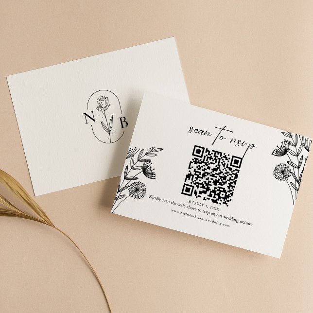 Cartão RSVP Código QR de Casamento Floral Branco Preto Mínimo  (Criador carregado)
