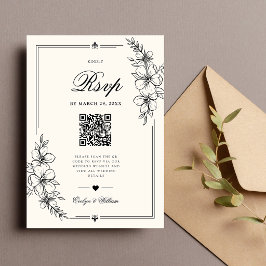 Cartão RSVP Código QR de Casamento Floral Caligrafia Moderna E
