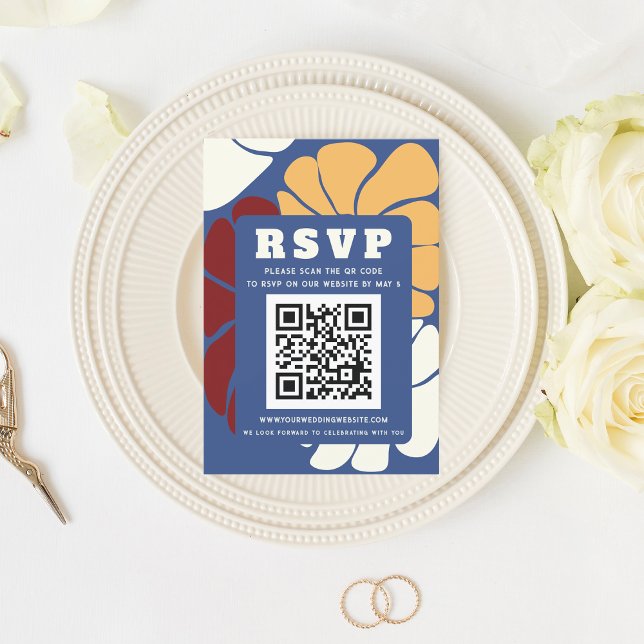 Cartão RSVP CÓDIGO QR de Casamento Floral Chic Groovy Boho (Retro Groovy Boho Chic Floral Wedding QR CODE RSVP Card)