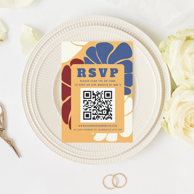 Cartão RSVP CÓDIGO QR de Casamento Floral Chic Groovy Boho (Retro Groovy Boho Chic Floral Wedding QR CODE RSVP Card)
