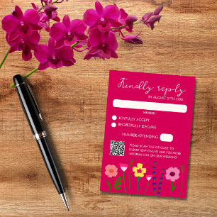 Cartão RSVP Código QR de Casamento Floral Cor-de-Rosa Brilhant