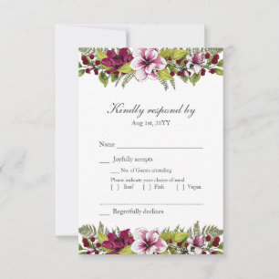 Cartão RSVP Código QR de Casamento Floral da Elegante Burgundy