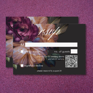 Cartão RSVP Código QR de Casamento Floral de Moody Negra Elega