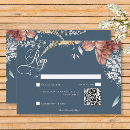 Cartão RSVP Código QR de Casamento Floral do Jardim Azul Român