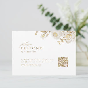 Cartão RSVP Código QR de Casamento Floral Dourado Elegante Mod