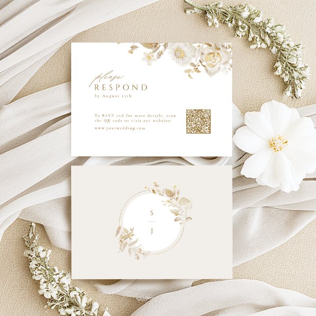 Cartão RSVP Código QR de Casamento Floral Dourado Elegante Mod (Elegant Modern Gold Floral Wedding QR code RSVP Card)