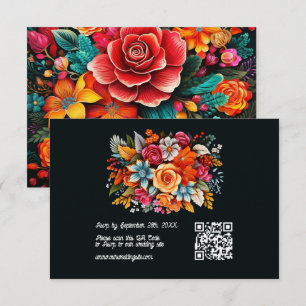 Cartão RSVP Código QR de Casamento Floral Fiesta Colorido em A