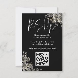 Cartão RSVP Código QR de Casamento Floral Gótico Preto e Branc
