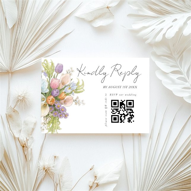 Cartão RSVP Código QR de casamento floral moderno  (Criador carregado)