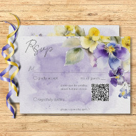 Cartão RSVP Código QR de Casamento Floral Moderno Púrpura e Am