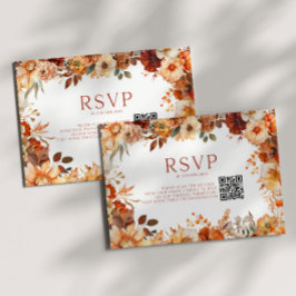 Cartão RSVP Código QR de casamento floral outonal elegante rús