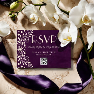 Cartão RSVP código QR de casamento floral Talavera Plum