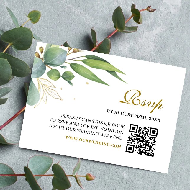 Cartão RSVP Código QR de casamento geométrico com folhagem de  (Eucalyptus greenery QR Code RSVP card simplifies guest replies with modern botanical style.)