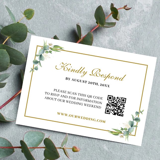 Cartão RSVP Código QR de Casamento Geométrico com Verde de Euc (Eucalyptus greenery QR Code RSVP card makes guest replies easy with modern elegance.)