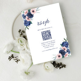 Cartão RSVP Código QR de Casamento Geométrico Floral Azul Mari