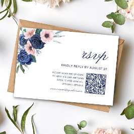 Cartão RSVP Código QR de Casamento Geométrico Floral Azul Mari