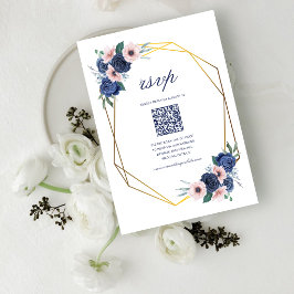 Cartão RSVP Código QR de Casamento Geométrico Floral Azul Mari