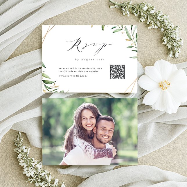 Cartão RSVP Código QR de Casamento Geométrico Russo Moderno Gr (Modern Greenery Geometric Rustic Wedding QR code RSVP Card)