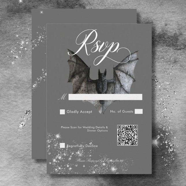 Cartão RSVP Código QR de Casamento Glamour de Halloween Escuro (Dark Halloween Glam Bat & Diamonds Wedding QR Code RSVP Card)